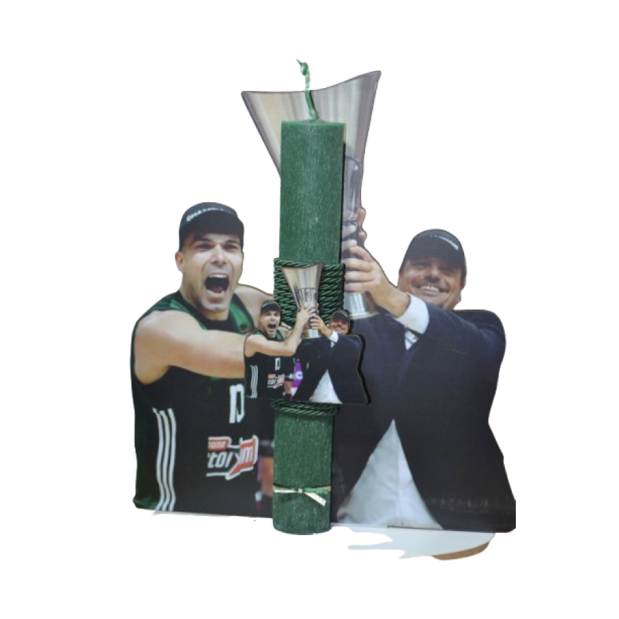 Χειροποίητη Αρωματική Λαμπάδα Με τον Πράσινο Ηγέτη και ΑΜΑΝ ΑΜΑΝ  σε ξύλινη Διακοσμητική Βάση (2026227)