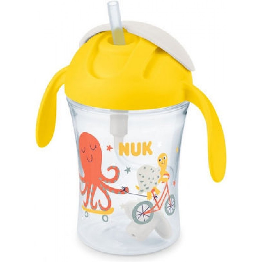 Nuk Παιδικό Ποτηράκι με Λαβές και Καλαμάκι Motion Cup από Πλαστικό Κίτρινο 230ml για 8m+ (10255639)