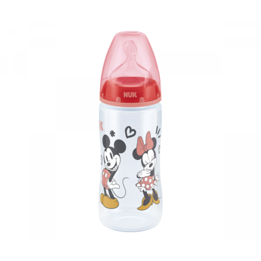 Nuk Πλαστικό Μπιμπερό First Choice Plus Temperature Control Mickey & Minnie Κατά των Κολικών με Θηλή Σιλικόνης 300ml για 6-18 μηνών Κόκκινο  (10741034-1)