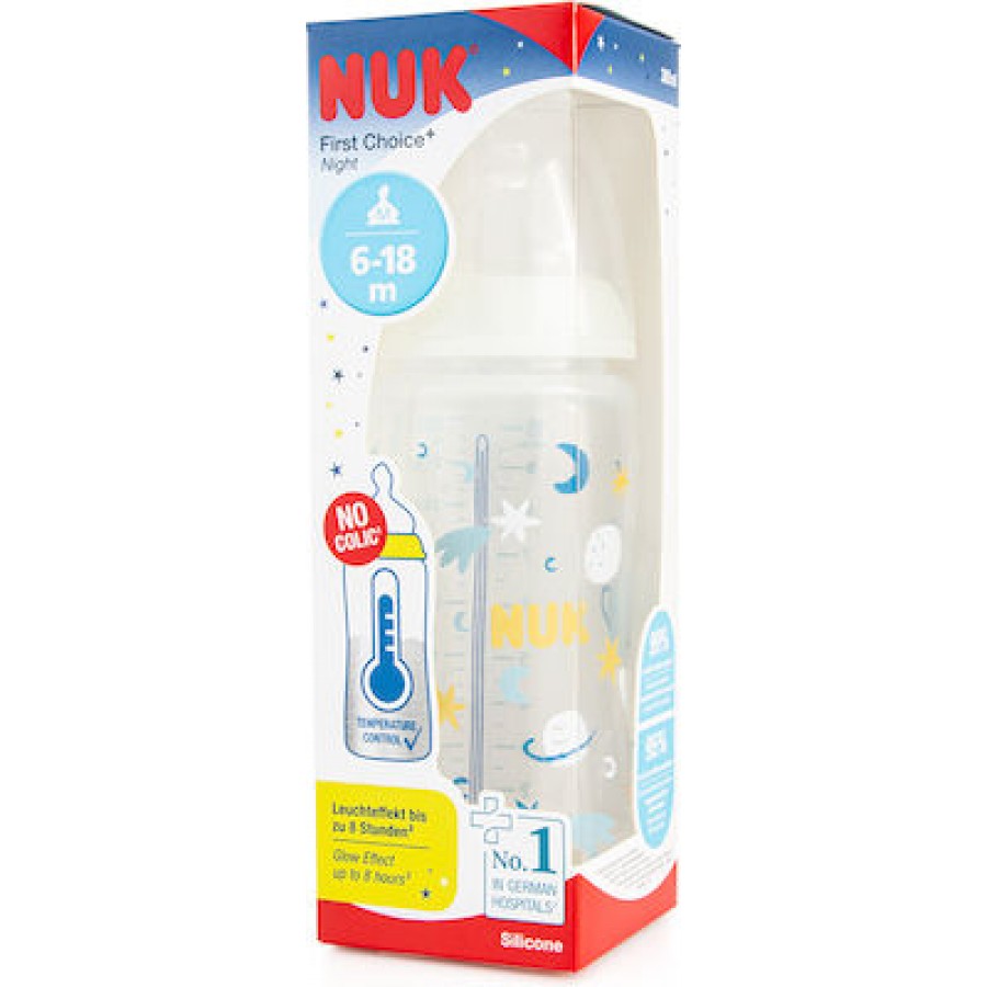 Nuk Πλαστικό Μπιμπερό First Choice Plus Temperature Control + Night Κατά των Κολικών με Θηλή Σιλικόνης 300ml για 6-18 μηνών (10741142)