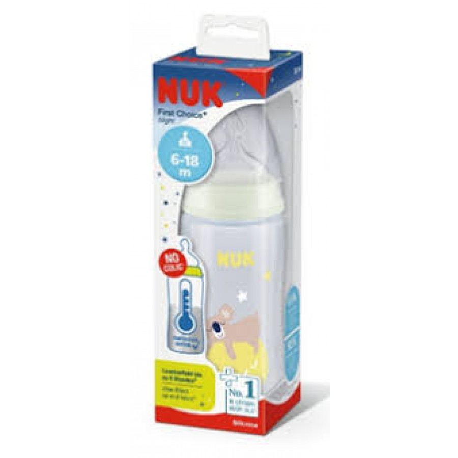 Nuk Πλαστικό Μπιμπερό First Choice Plus Temperature Control + Night Κατά των Κολικών με Θηλή Σιλικόνης 300ml για 6-18 μηνών Bear (10741142-1)