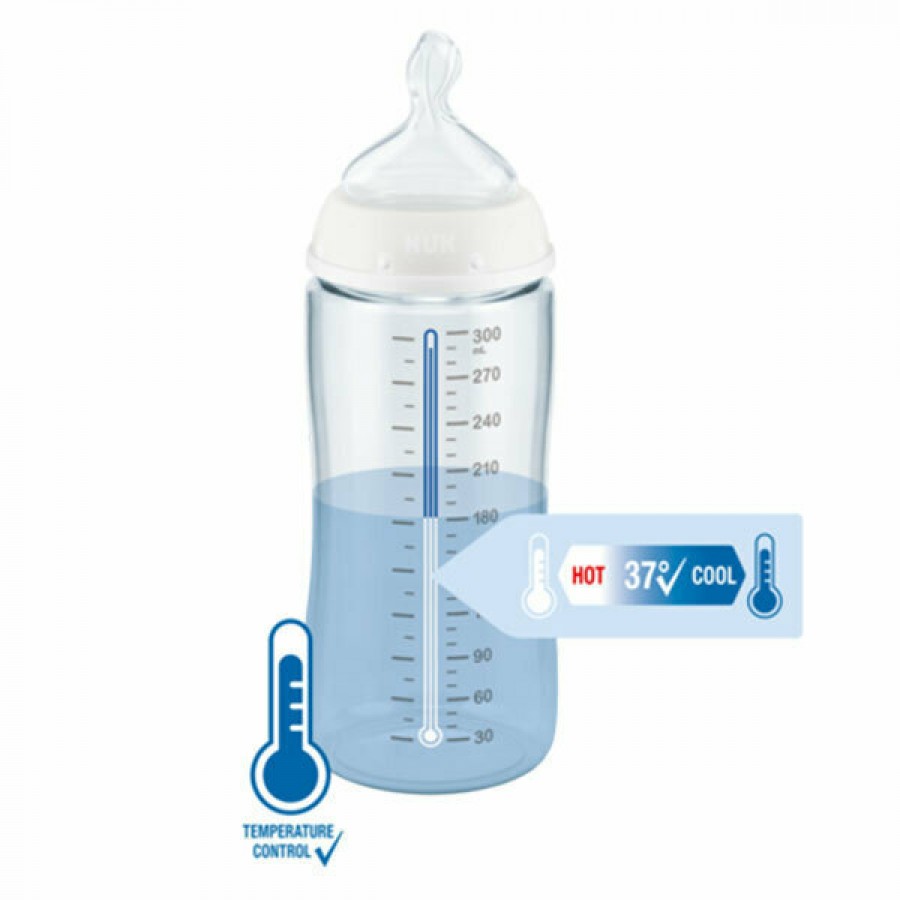 Nuk First Choice Plus Glass γυάλινο Μπιμπερό 240ml με Δείκτη Ελέγχου Θερμοκρασίας Σιέλ Ελεφαντάκια (10745124-1)