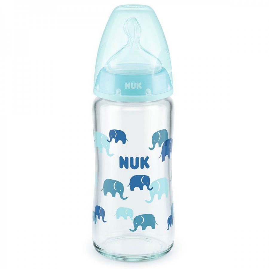 Nuk First Choice Plus Glass γυάλινο Μπιμπερό 240ml με Δείκτη Ελέγχου Θερμοκρασίας Σιέλ Ελεφαντάκια (10745124-1)