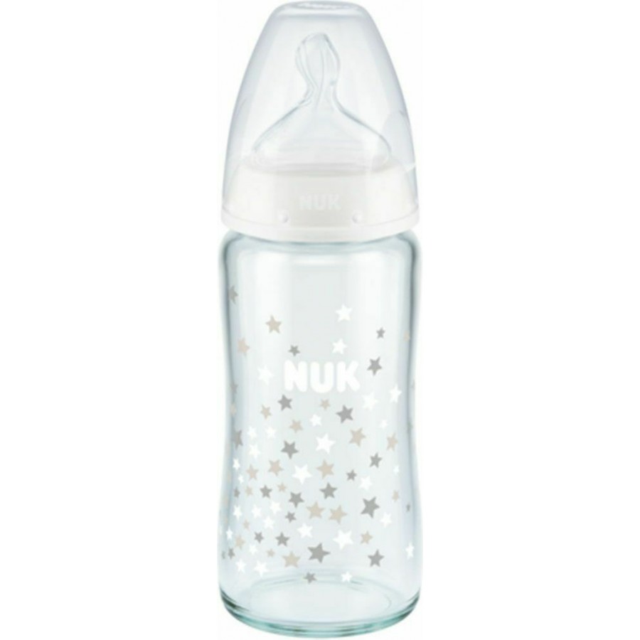 Nuk First Choice Plus Glass γυάλινο Μπιμπερό 240ml με Δείκτη Ελέγχου Θερμοκρασίας Γκρι Αστεράκια (10745124-2)