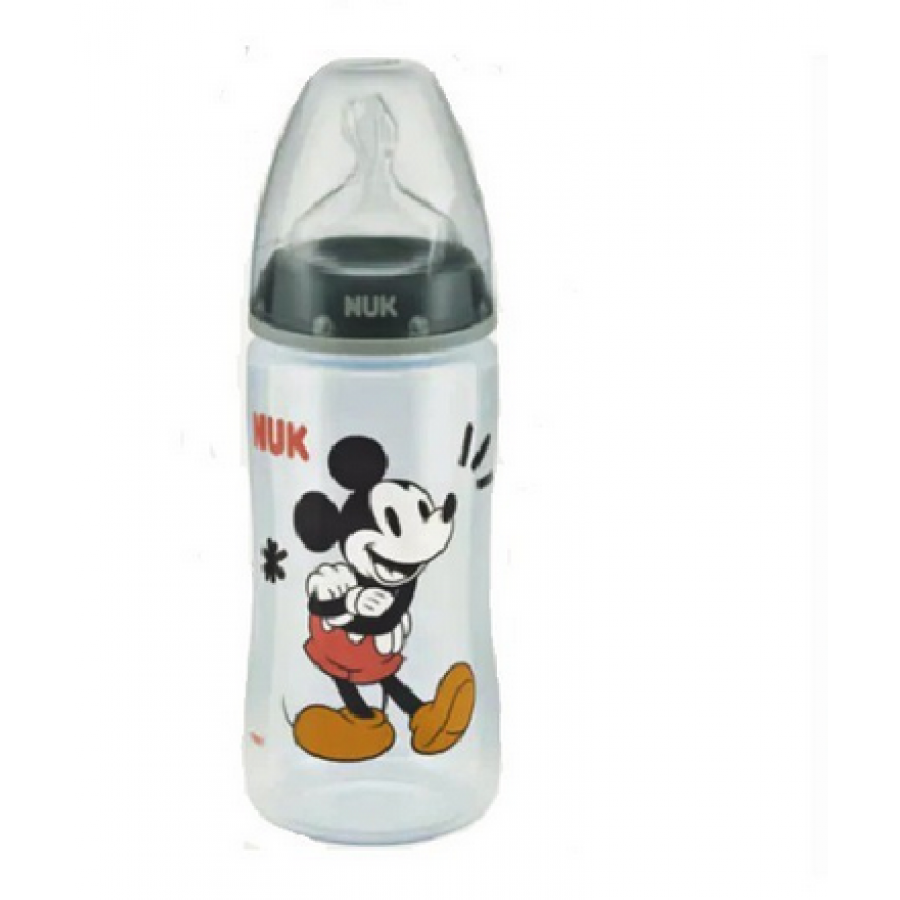 Nuk Πλαστικό Μπιμπερό First Choice Plus Temperature Control Mickey & Minnie Κατά των Κολικών με Θηλή Σιλικόνης 300ml για 6-18 μηνών Γκρι (10741034)