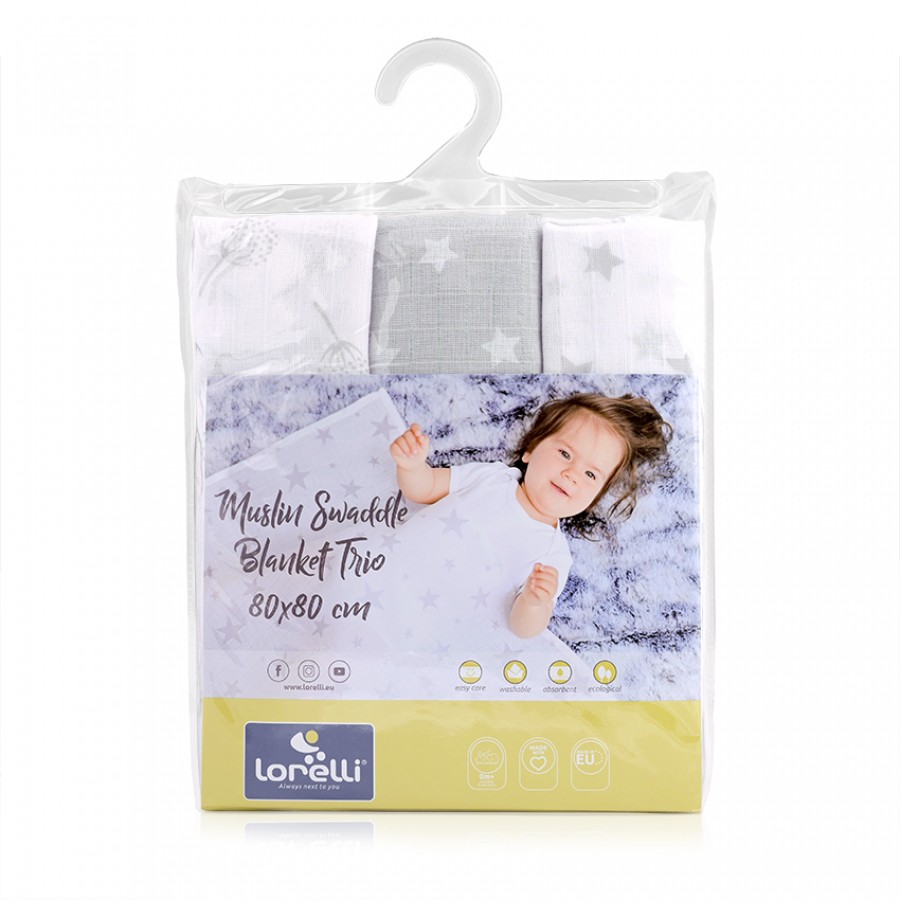 Loreeli Swaddle Blanket 80x80 cm Musselina Trio Mix Grey (10340102307)