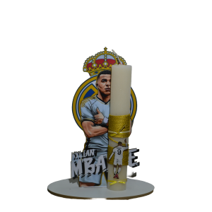 Χειροποίητη Αρωματική Λαμπάδα Με τον Mbappe  σε ξύλινη Διακοσμητική Βάση (2026149)