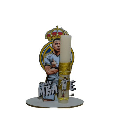 Χειροποίητη Αρωματική Λαμπάδα Με τον Mbappe  σε ξύλινη Διακοσμητική Βάση (2026149)