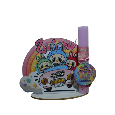 Χειροποίητη Αρωματική Λαμπάδα Με  onikuma ουράνιο τόξο σε ξύλινη Διακοσμητική Βάση (2026151)