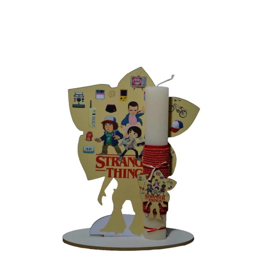 Χειροποίητη Αρωματική Λαμπάδα Με stranger things yellow σε ξύλινη Διακοσμητική Βάση  (2026155)
