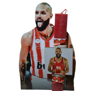 Χειροποίητη Αρωματική Λαμπάδα Με τον κόκκινο σκόρερ  σε ξύλινη Διακοσμητική Βάση (2026165)