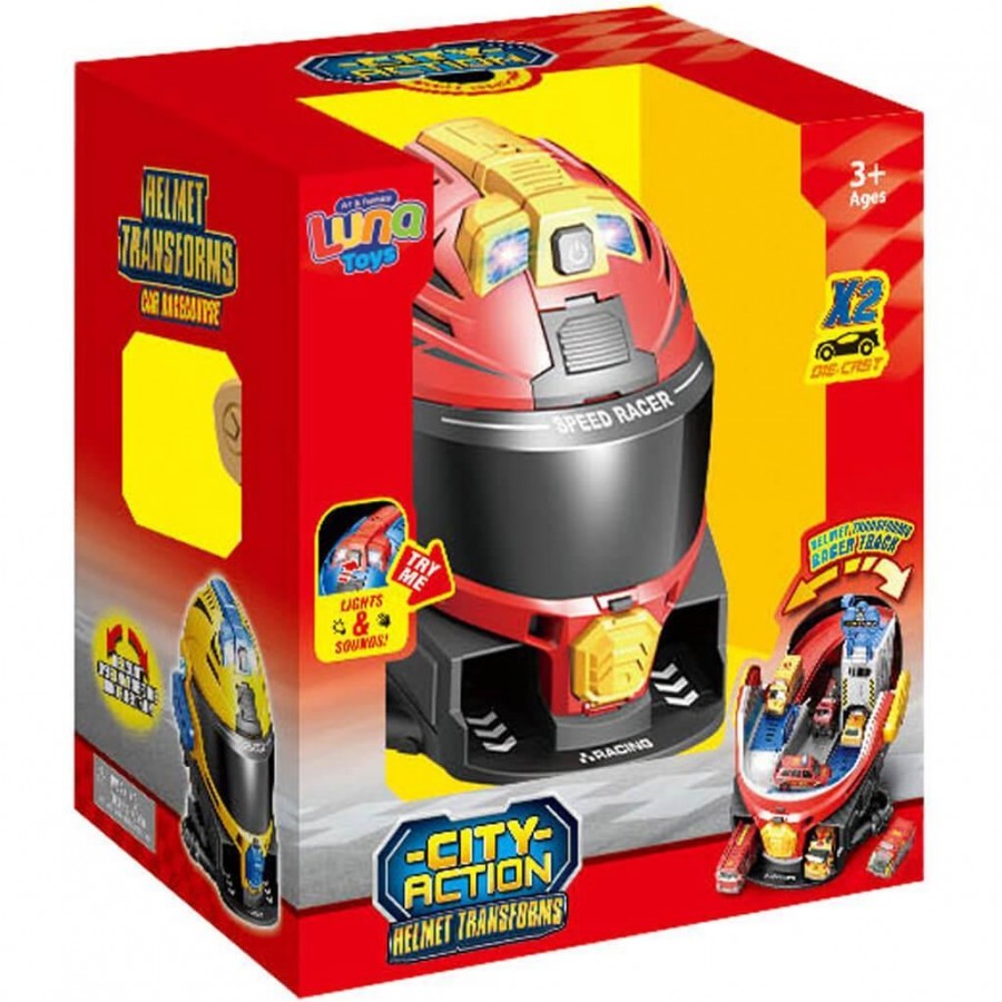 Luna Toys Πάρκινγκ Κράνος Κόκκινο με 2 μεταλλικά αυτοκινητάκια με φως & ήχο (000623127)