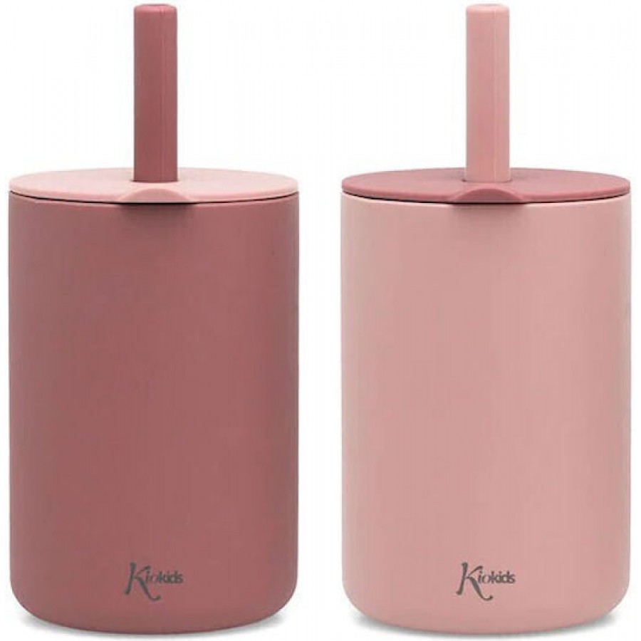 Kiokids Σετ Ποτήρια Σιλικόνης με Καλαμάκι 180ml Ροζ (3508)