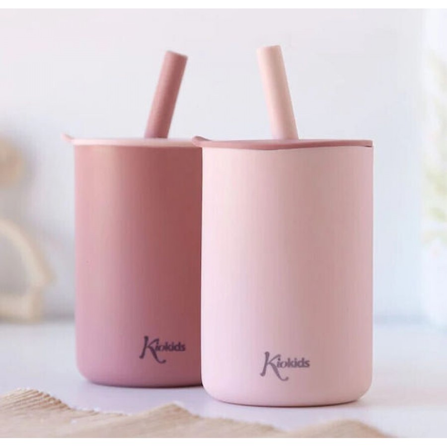 Kiokids Σετ Ποτήρια Σιλικόνης με Καλαμάκι 180ml Ροζ (3508)