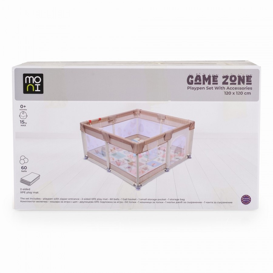 Moni Πάρκο για μωρά ορθογώνιο GameZone 120x120 με χαλάκι xpe & 60 μπαλάκια grey (3801005210428)