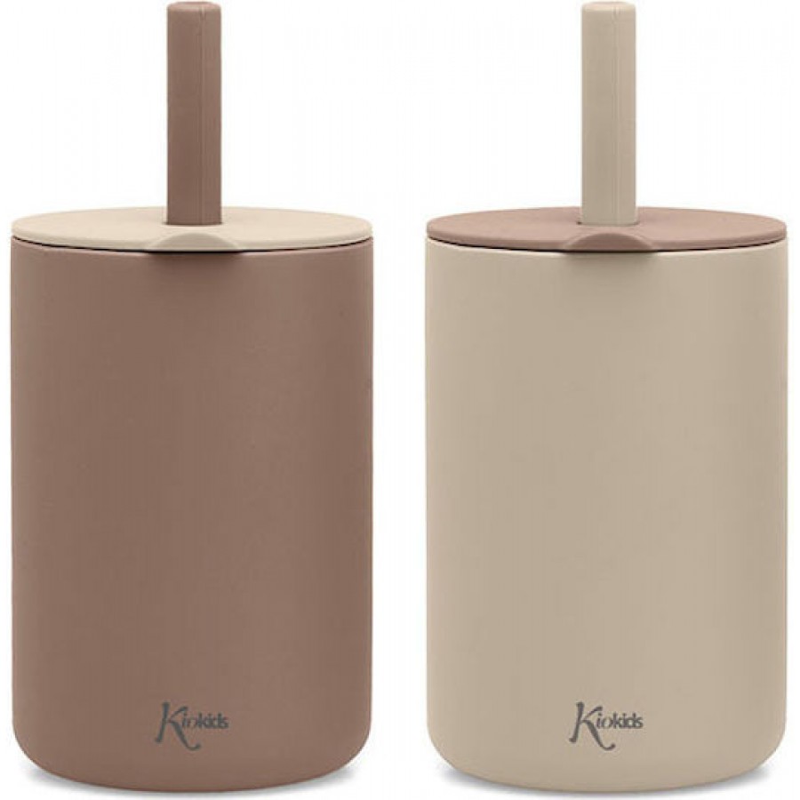 Kiokids Σετ Ποτήρια Σιλικόνης με Καλαμάκι 180ml Μπεζ (4255)