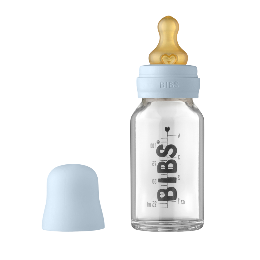 Bibs Γυάλινο μπιμπερό 110ml Στρογγυλή Θηλή Αργής Ροής Latex Baby Blue (5013231)