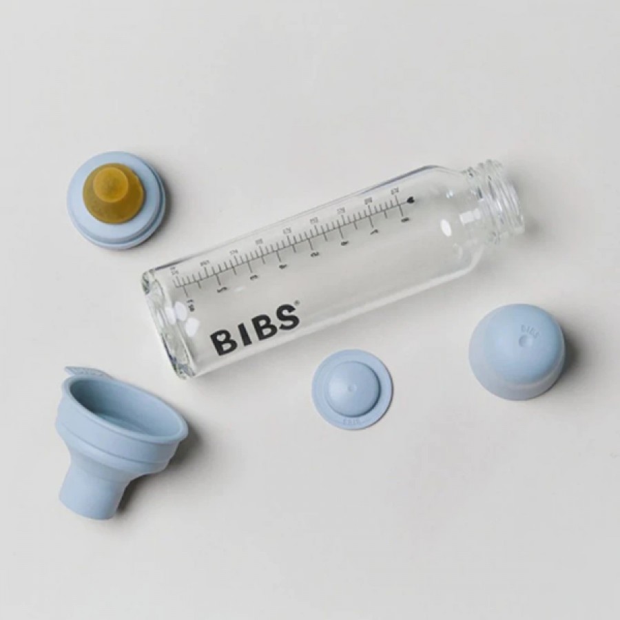 Bibs Γυάλινο μπιμπερό 225ml Στρογγυλή Θηλή Αργής Ροής Latex Baby Blue (5014231)