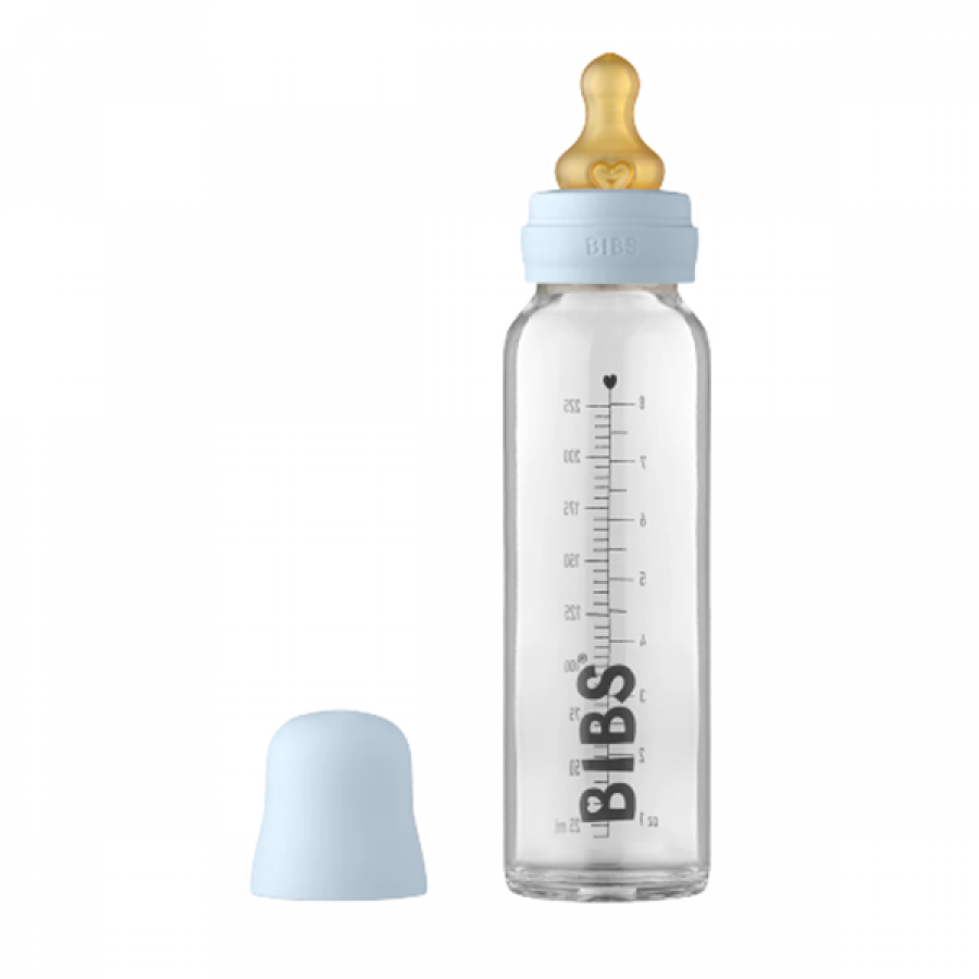 Bibs Γυάλινο μπιμπερό 225ml Στρογγυλή Θηλή Αργής Ροής Latex Baby Blue (5014231)