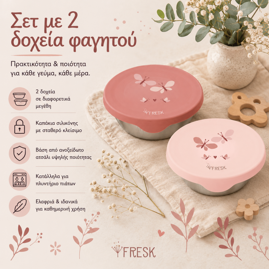 Fresk: Σετ 2 Δοχεία Φαγητού με καπάκι σιλικόνης: Butterfly (FR-FD660-18)