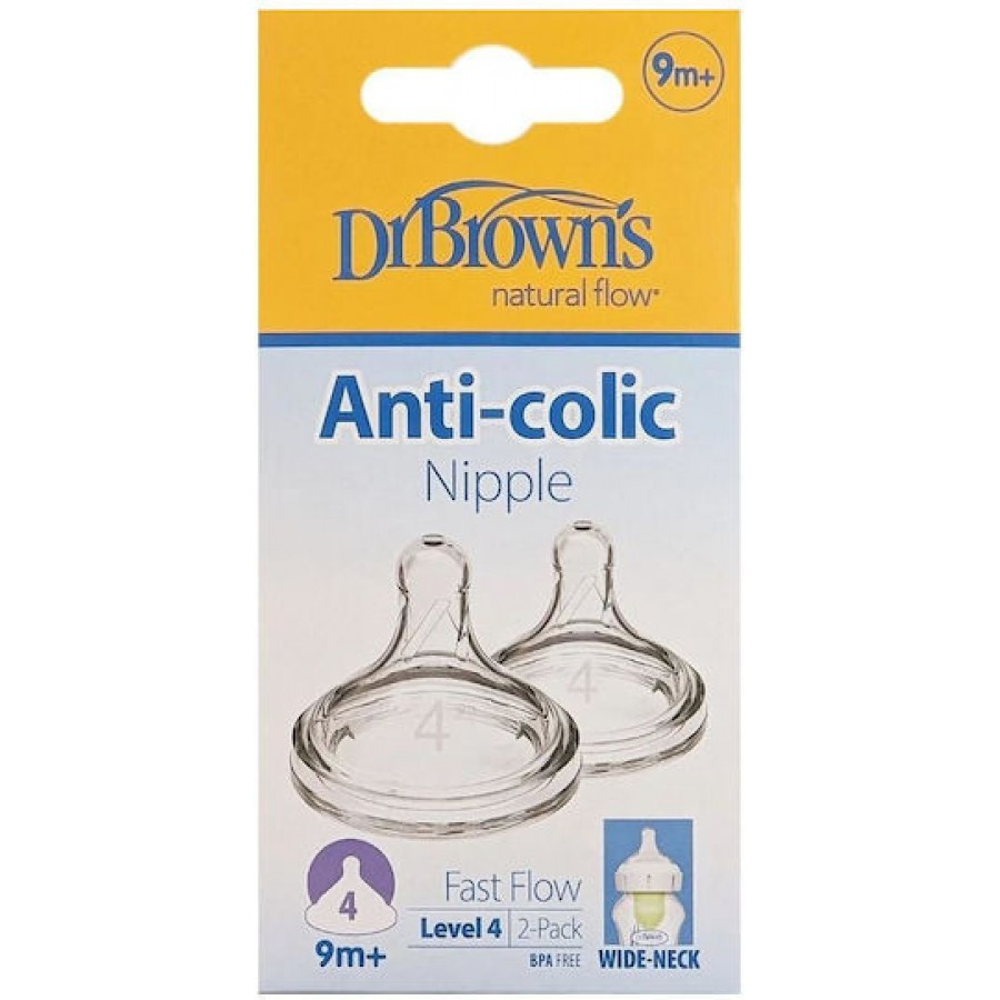 Dr Brown's Θηλές Σιλικόνης Για Μπιμπερό Επιπέδου 4 (9m+) Με Φαρδύ Λαιμό (WN4201)