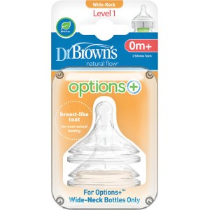 Dr Brown's Θηλές Σιλικόνης Για Μπιμπερό Options+  Επιπέδου 1 (0m+) Με Φαρδύ Λαιμό (wn1201)